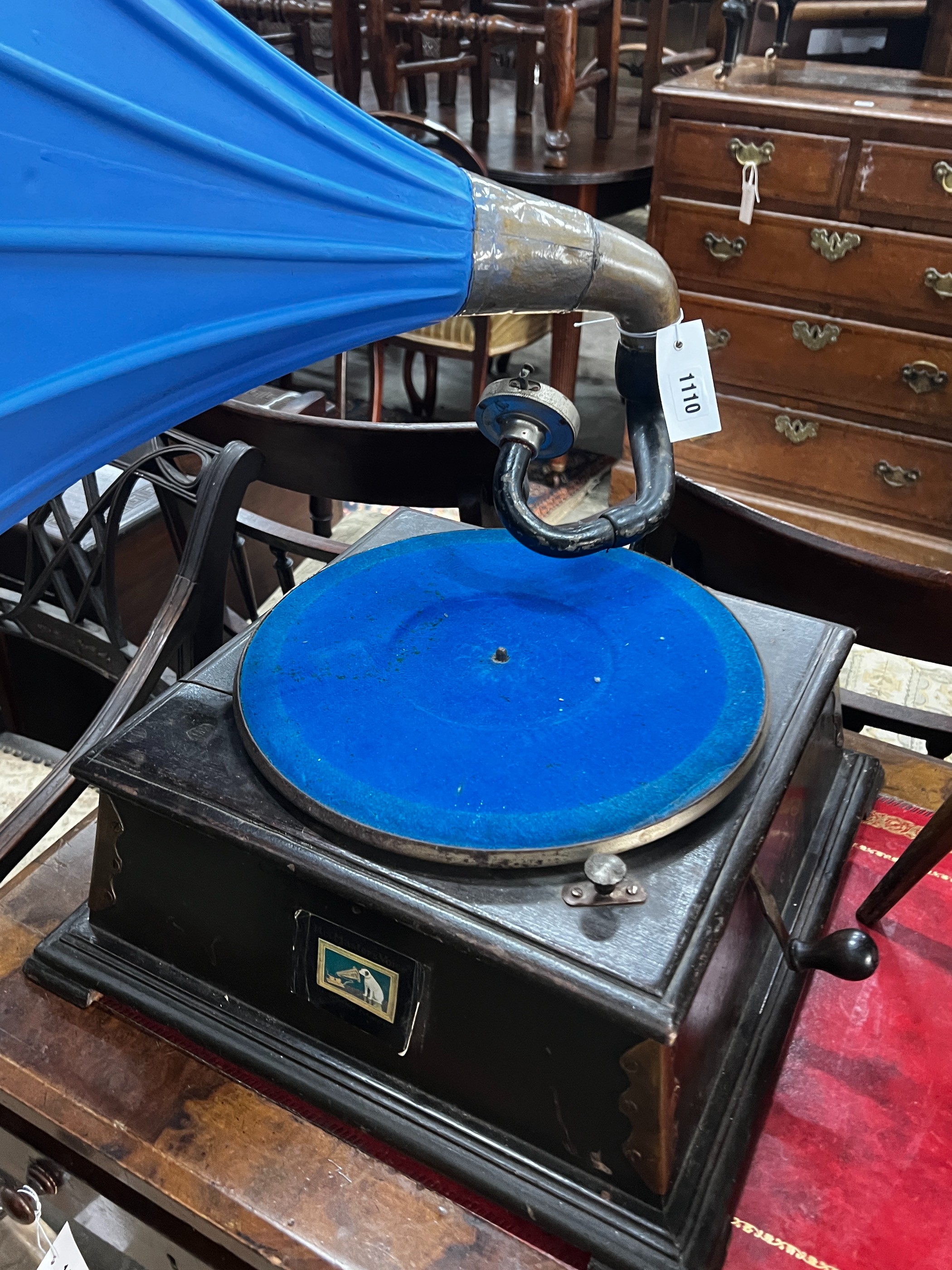 A vintage gramophone with later painted horn, height 66cm